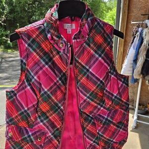 Plaid Puffer Vest in Pink and Red